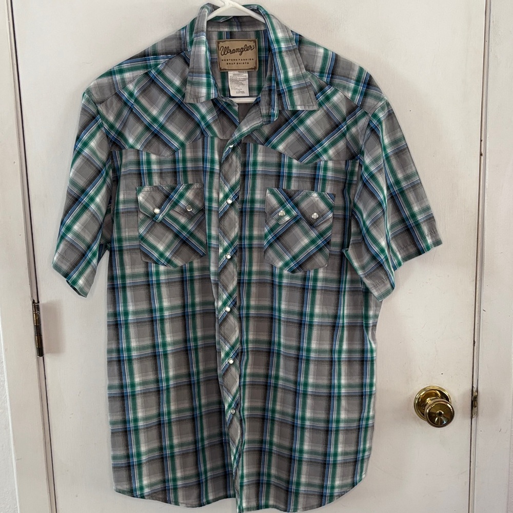 Wrangler grey blue green plaid short sleeve western button down shirt Size XL